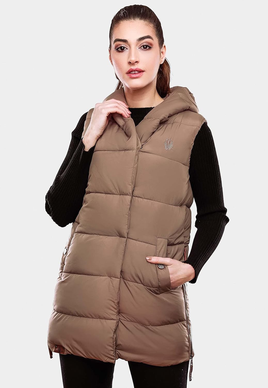 Navahoo warme Damen Winter Steppweste lang mit Kapuze Madilynaa XS-XXL L Dark Taupe, L Dark Taupe