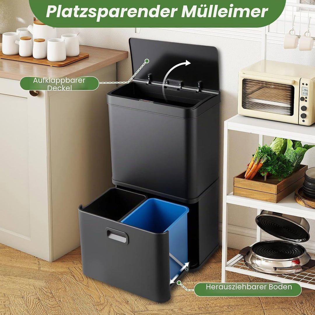 Giantex Mülleimer 3 Fächer, 56 L Abfalleimer Küche mit Sensor, Mülltrennsystem inkl. 2 ausnehmbaren