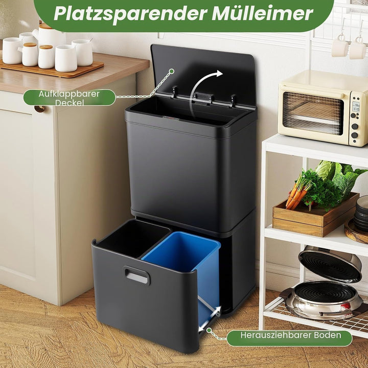 Giantex Mülleimer 3 Fächer, 56 L Abfalleimer Küche mit Sensor, Mülltrennsystem inkl. 2 ausnehmbaren