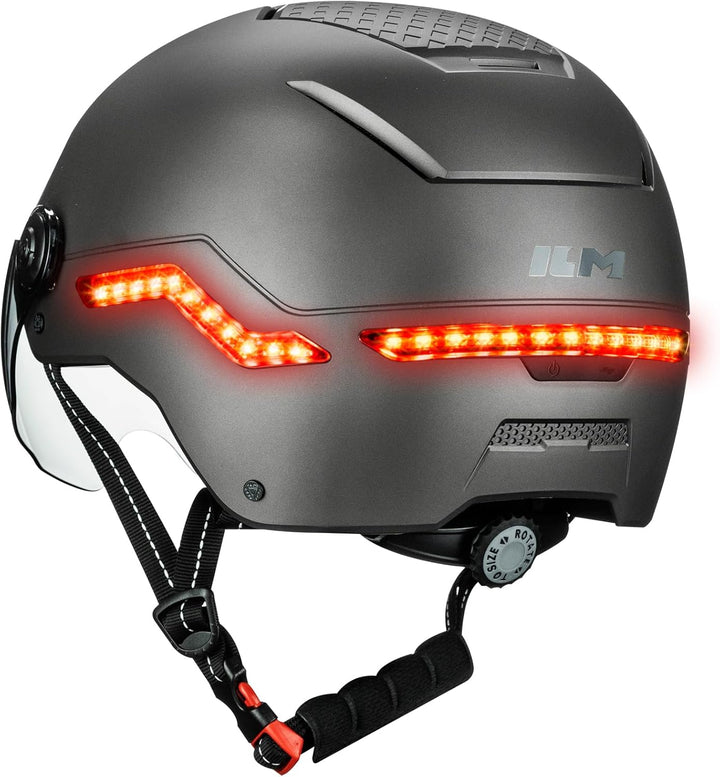 ILM Fahrradhelm Herren Damen mit Visier und LED Licht Beleuchtung Automatischem G-Sensor für Blinker