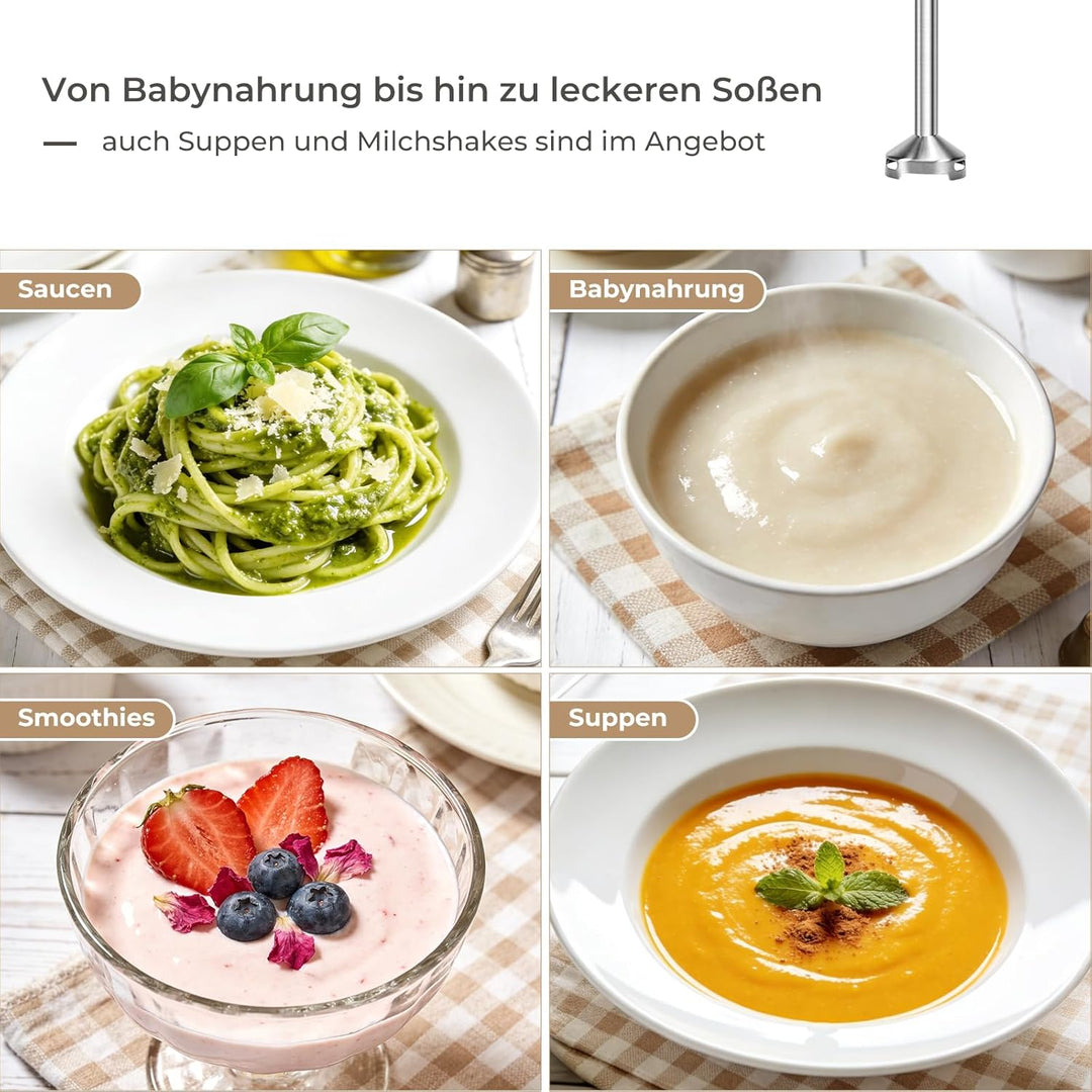 Stabmixer Set, Edelstahl Pürierstab für Suppen, Babybrei & Sossen | 12 Geschwindigkeitsstufen + Turb