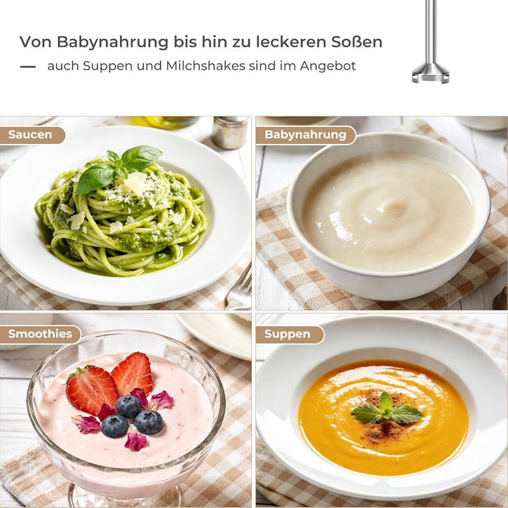 Stabmixer Set, Edelstahl Pürierstab für Suppen, Babybrei & Sossen | 12 Geschwindigkeitsstufen + Turb