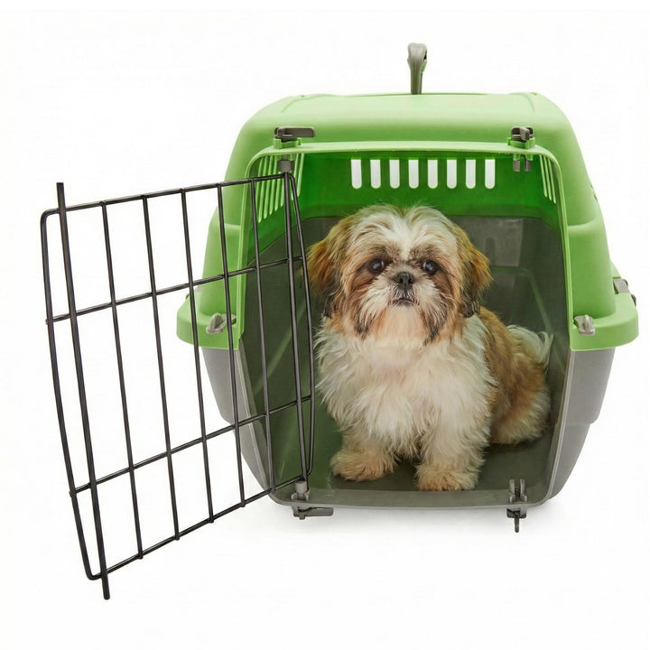 HAPPET Tiertransportbox Doggy M Grün-Grau 54x38x33 cm – Robuste, gut belüftete Transportbox aus Kuns