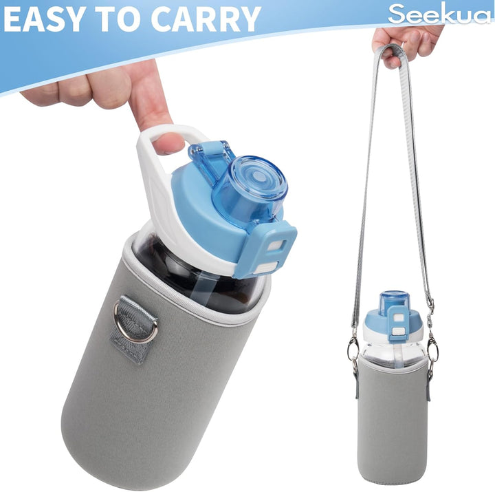 Seekua 0.6l Sport Trinkflasche Glas Flasche mit Strohhalm & Zeitmarkierung für Kinder, Schule 600ml