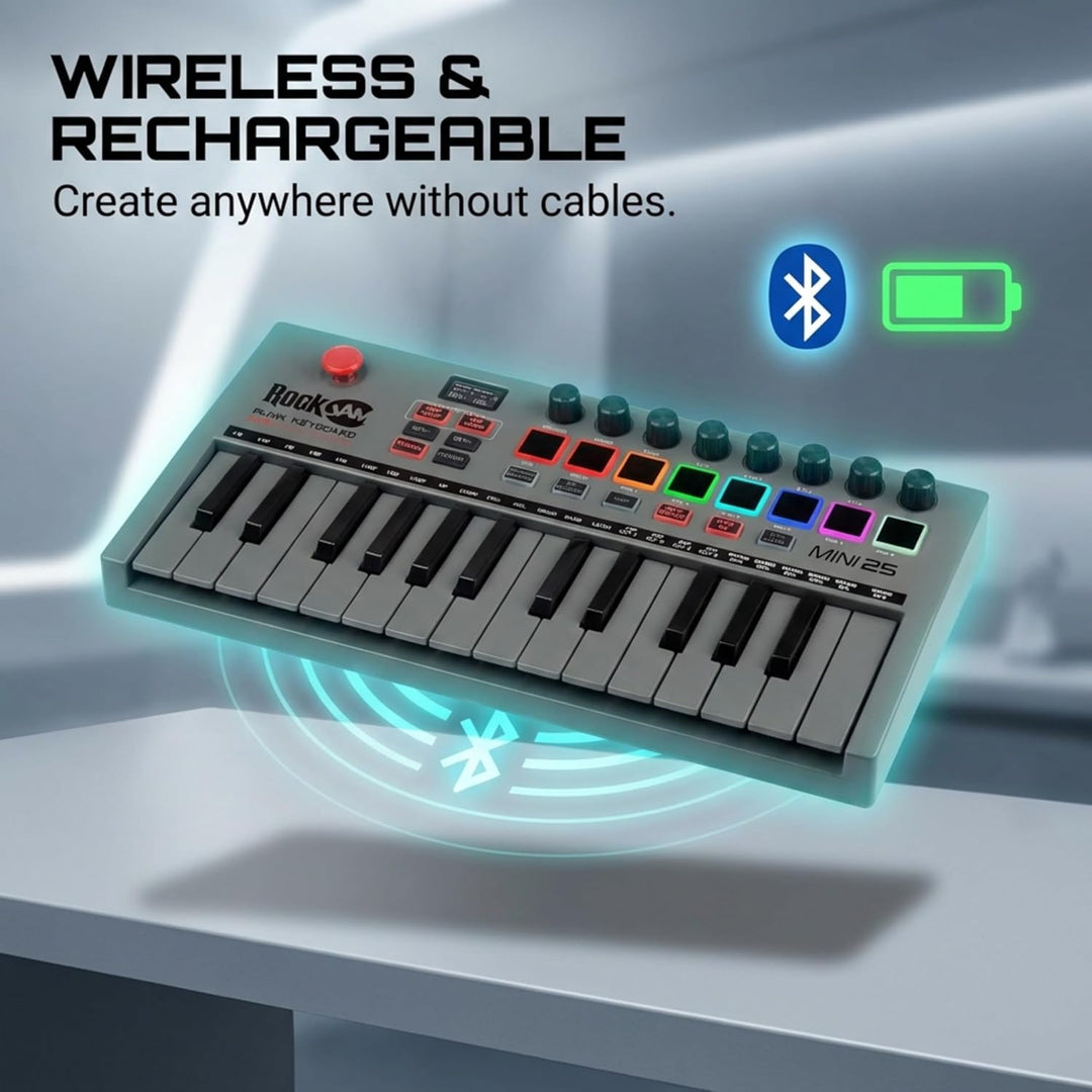 RockJam Go 25 Key USB & Bluetooth MIDI Keyboard Controller With 8 Backlit Drum Pads, 8 Knobs 25 Tast