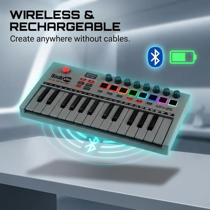 RockJam Go 25 Key USB & Bluetooth MIDI Keyboard Controller With 8 Backlit Drum Pads, 8 Knobs 25 Tast