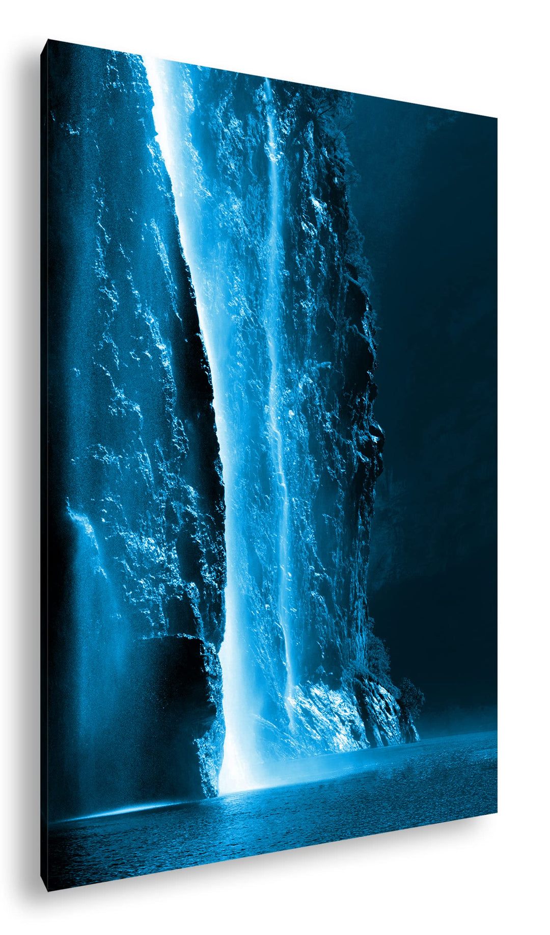 deyoli gigantischer Wasserfall Format: 100x70 Effekt: Monocrome Blau als Leinwand, Motiv fertig gera