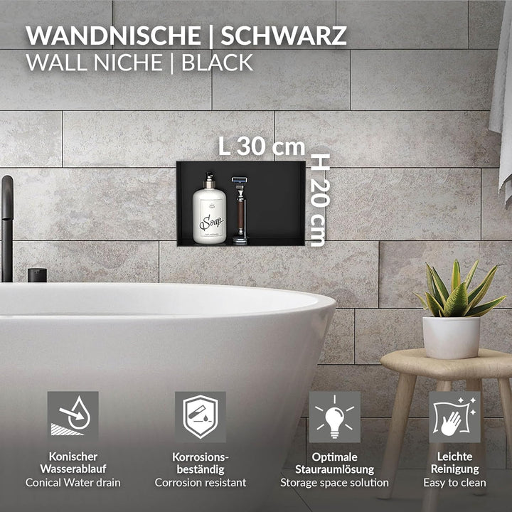 LuxeBath Wandnische aus Edelstahl, 20x30x10 cm, Schwarz, Duschnische, Randlos, Einbauregal, Flexible