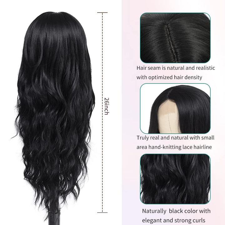 PORSMEER Lange Wellig Perücken Schwarz, 66 cm Perücke Für Frauen Afro Mittelscheitel Synthetik Haar