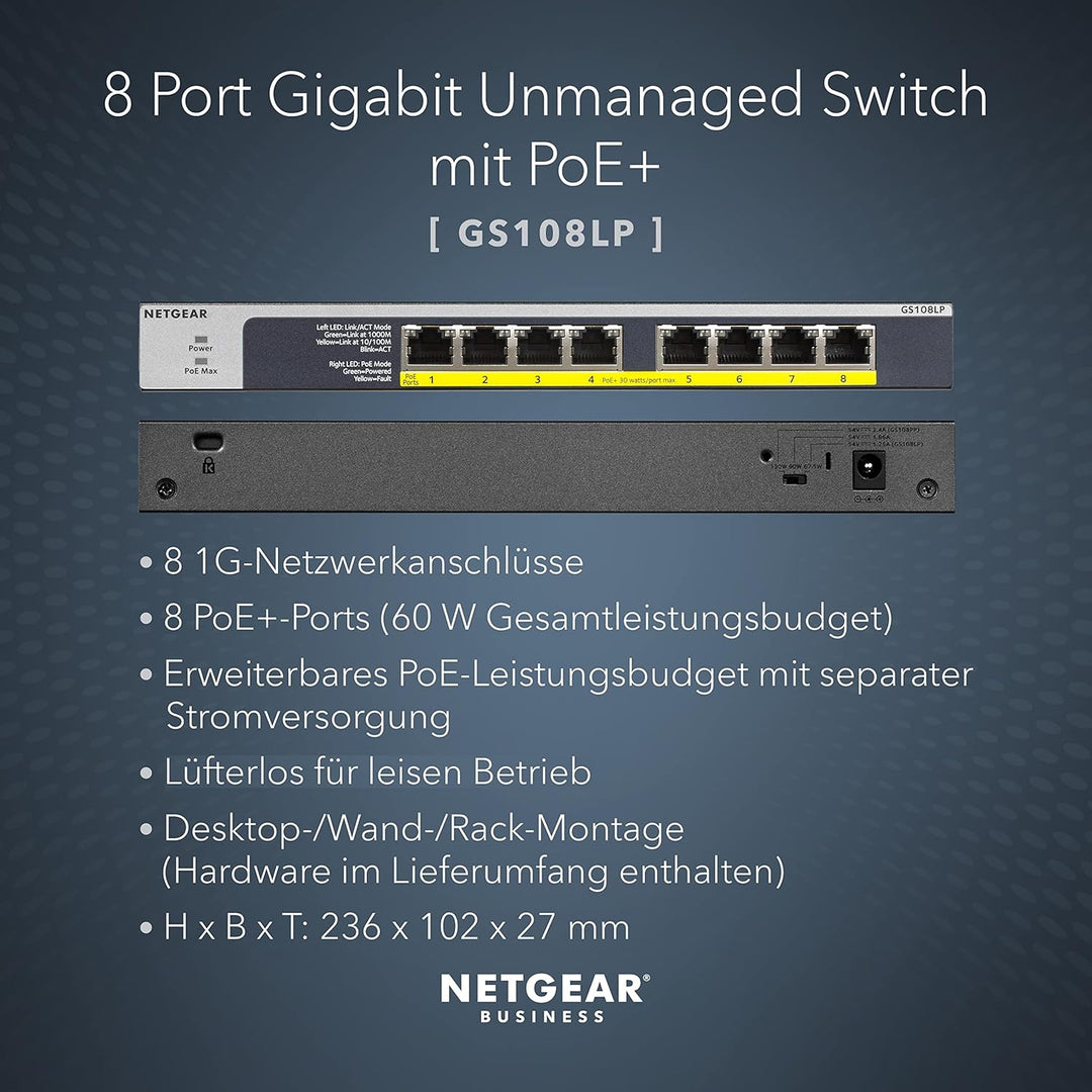NETGEAR GS108LP PoE Switch 8 Port Gigabit Ethernet LAN Switch mit 8x PoE+ 60W (Plug-and-Play Netzwer
