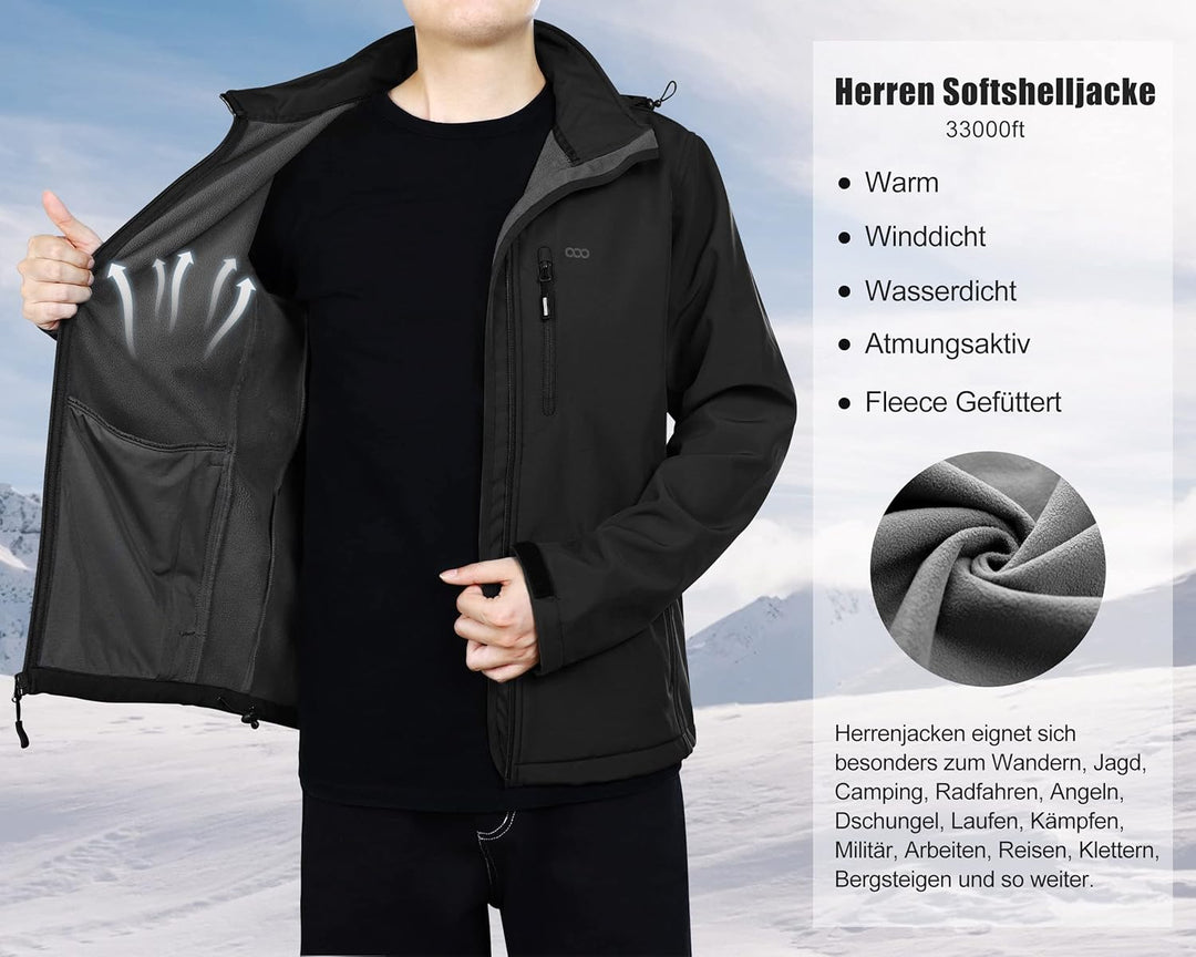 33,000ft Softshelljacke für Herren Wasserdicht Winterjacke Winddicht Warme Fleece Gefüttert Windbrea