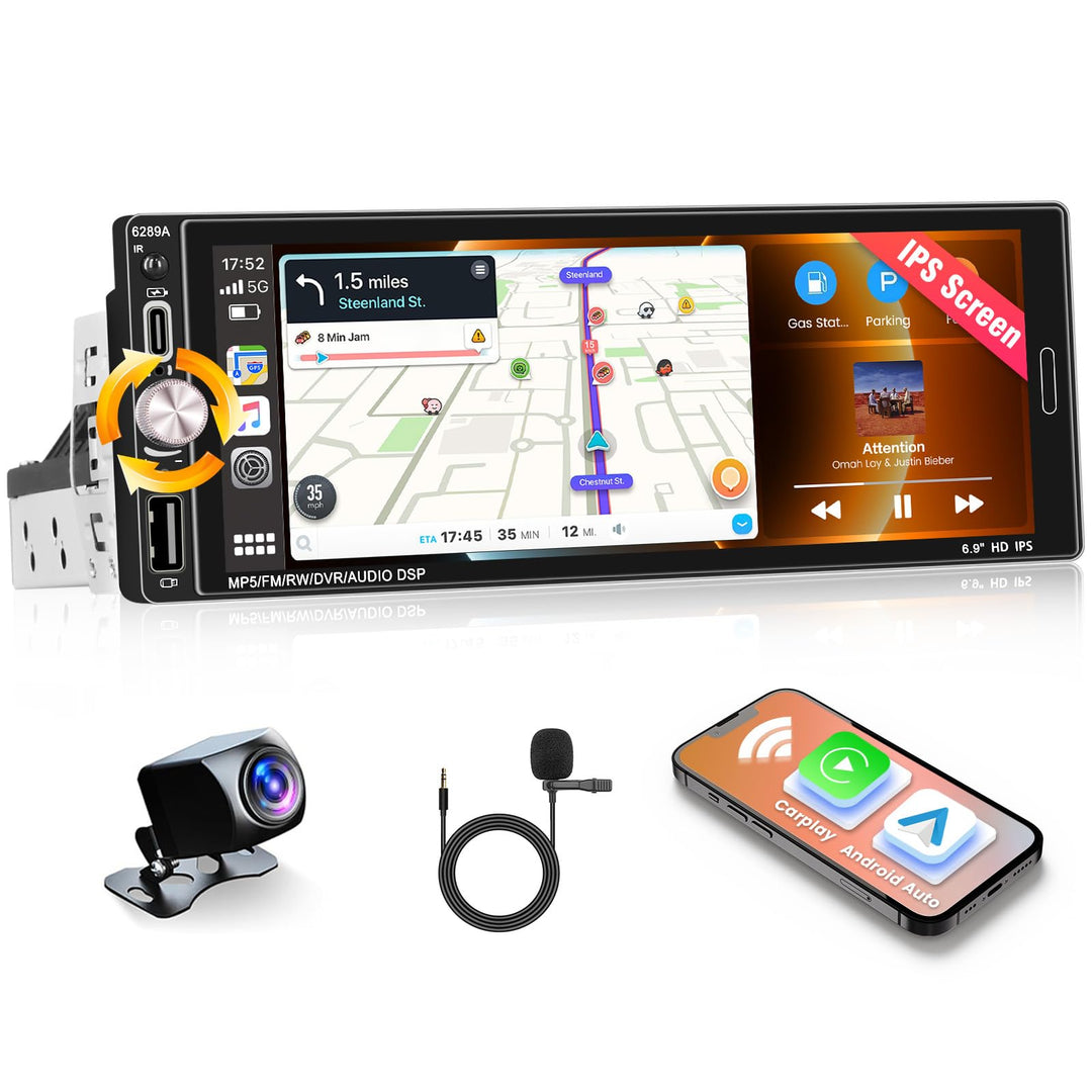 Hikity 1 din Android 15 [2+64G] Autoradio mit Knöpfe Wireless CarPlay Android Auto Mirror Link, 6.9"