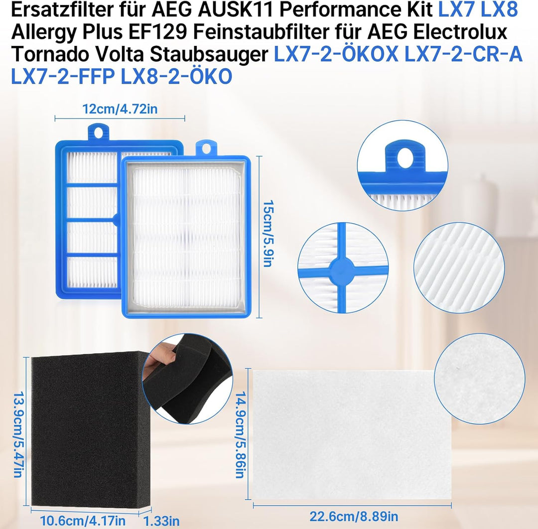 Ersatzfilter für AEG AUSK11 Performance Kit LX7 LX8 Allergy Plus EF129 für AEG Electrolux Tornado Vo
