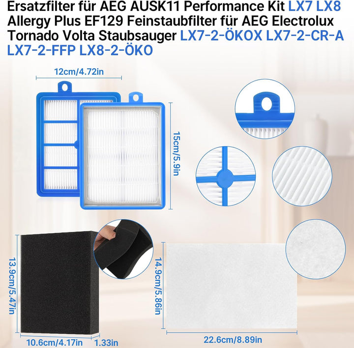 Ersatzfilter für AEG AUSK11 Performance Kit LX7 LX8 Allergy Plus EF129 für AEG Electrolux Tornado Vo