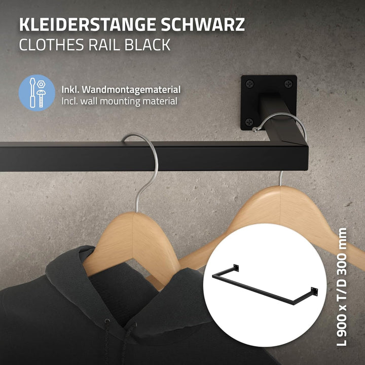 ML-Design Kleiderstange Rechteck für die Wand, T30cm x B90cm, Schwarz, aus Stahl, rostfrei, Garderob