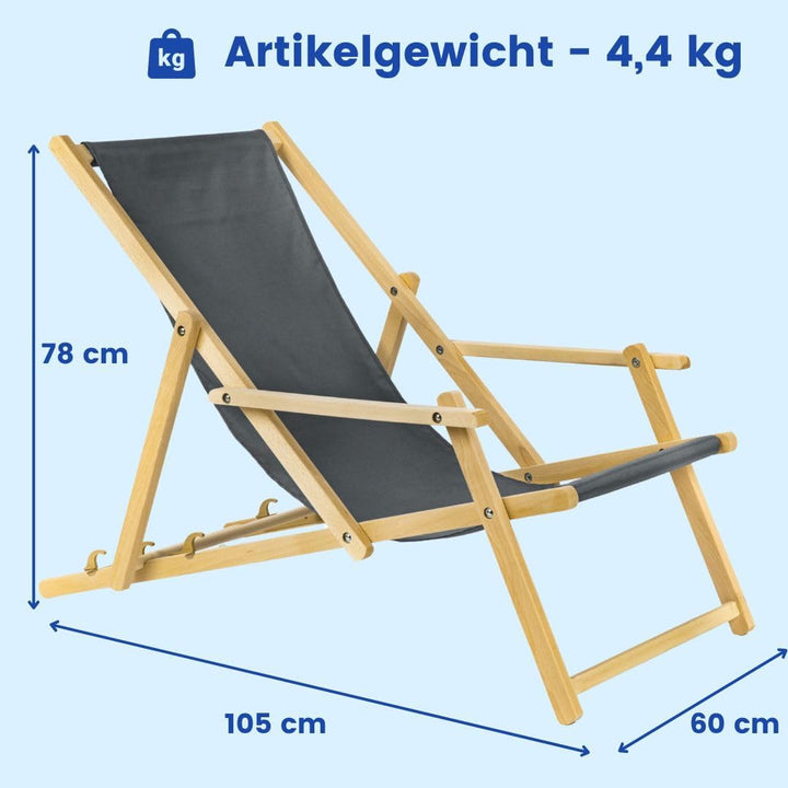 Holz Sonnenliege Strandliege Liegestuhl aus Holz 3 Stufen Klappbare Gartenliege mit Armauflagen grau