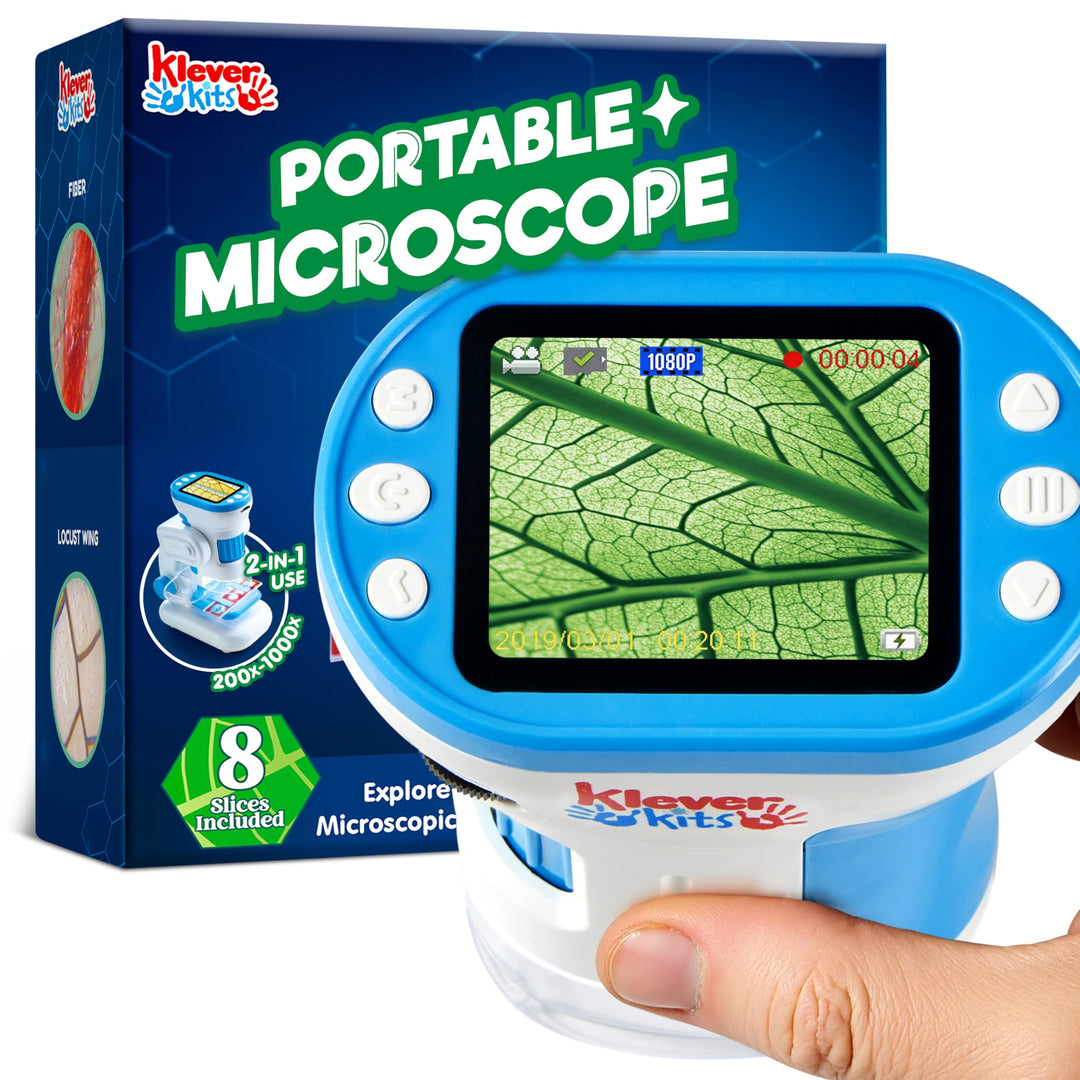 Klever Kits Handmikroskop für Kinder, 2-in-1-Experimentierspielzeug mit tragbarem Mikroskop und 12 O
