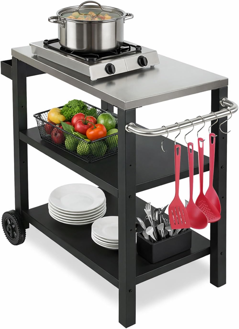 Grillbeistelltisch | Outdoor-Grilltisch mit Verstellbarer Ablage, Gewürzregal und 6X Haken, mobiler