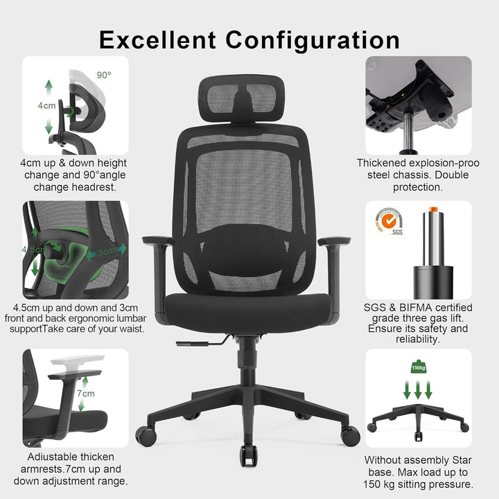 CALIYO Icon-H Bürostuhl Ergonomisch, Schreibtischstuhl mit Verstellbarer Kopfstütze, Armlehnen, Lend