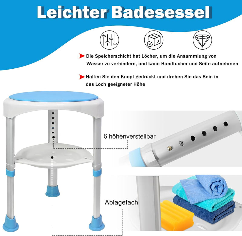 AufuN Duschhocker Duschstuhl 45-57cm Höhenverstellbar und 360° Drehbar Badsitz Blau Duschhilfe Anti-