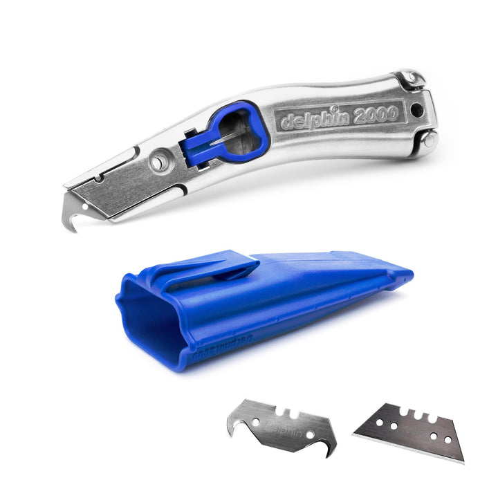 Delphin®-2000 Messer, 1 Delphin®-Hakenklingen, 1 Delphin®-Trapezklingen, Kunststoffköcher, Teppichme