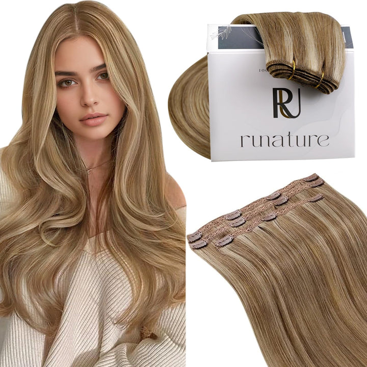 RUNATURE Clip in Extensions Echthaar Braun Highlight Blond Echthaar Extensions Clip in 30cm Kurz Ech