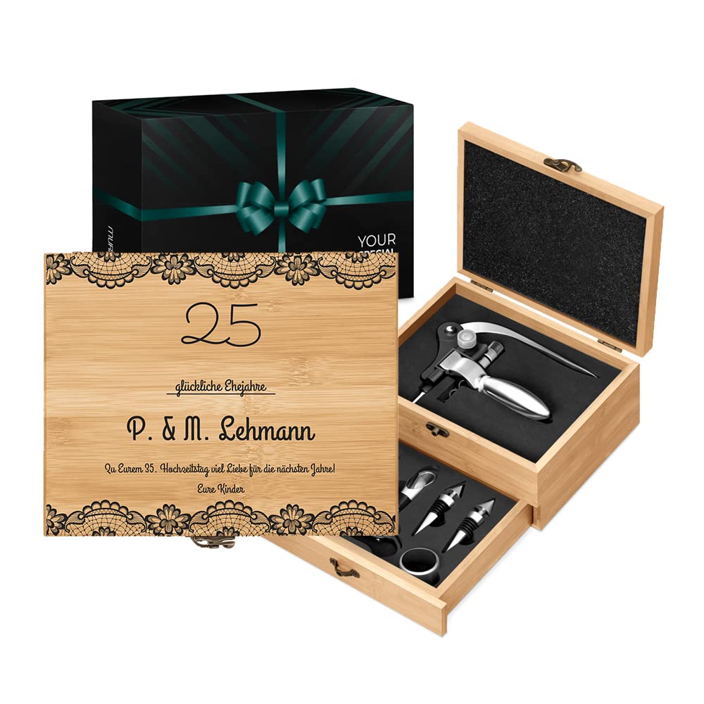 Maverton Weinöffner-Set personalisiert Weinset Sommelier Set - Geschenkbox Holzbox + 8er Weinzubehör