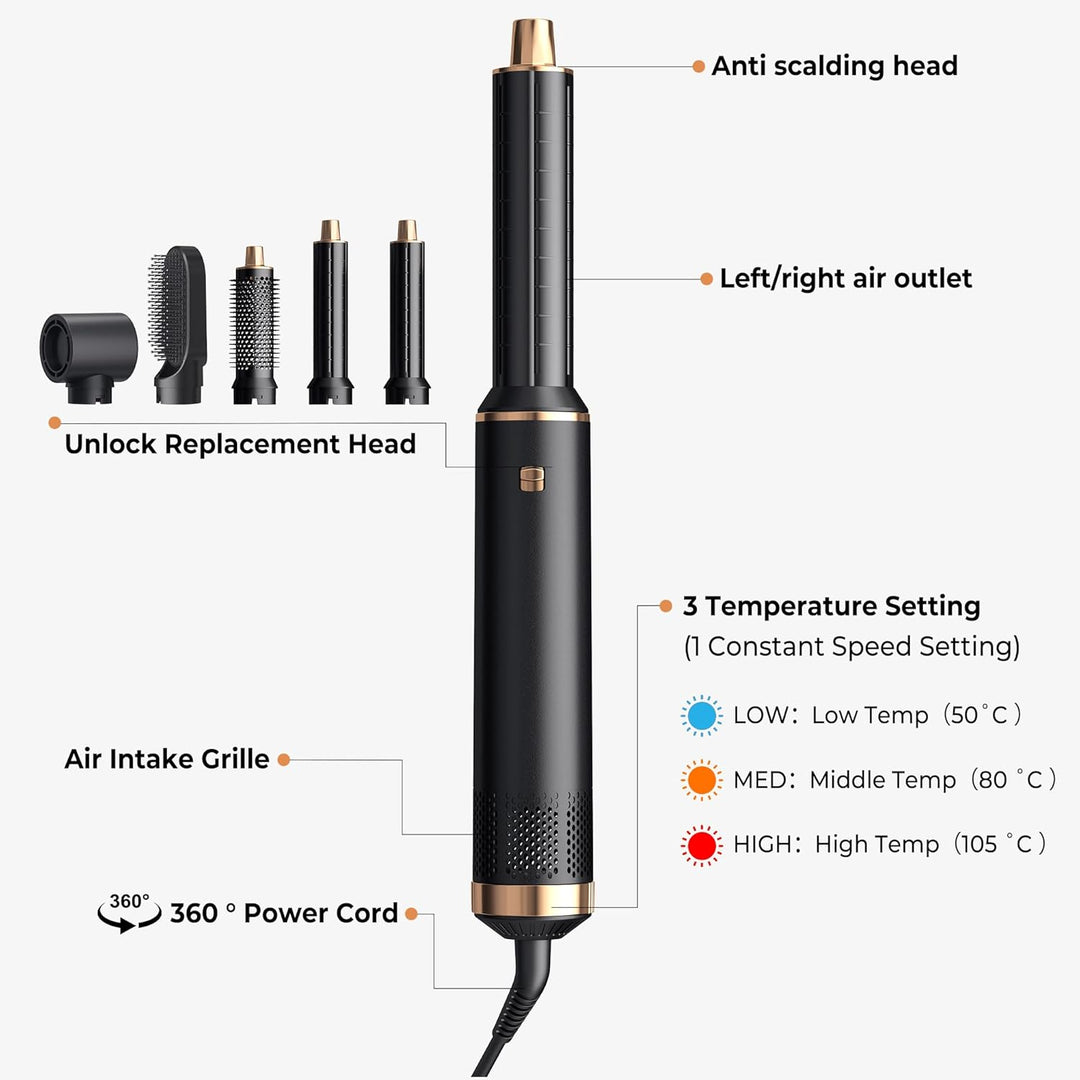 MogaWave 5 in 1 Hairstyler, Airstyler Airbrush Pro 1000w,Föhnbürste Haarstyler, Lockenstab mit Luft