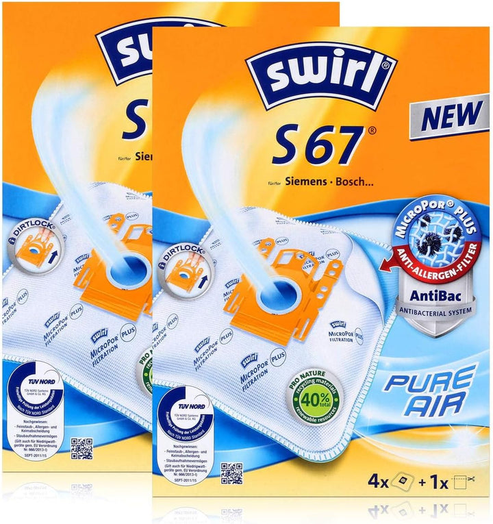 8 Original SWIRL S67 Staubsaugerbeutel passend für Siemens VS Z30000...39999 - Z 3.0