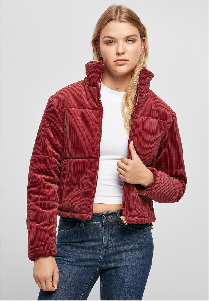 Urban Classics Damen Winterjacke Kordjacke Corduroy Puffer Jacket mit Stehkragen, kurz geschnitten,