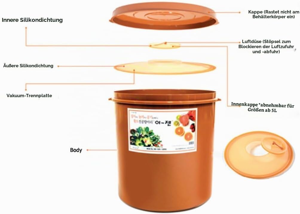 E-Jen Premium Kimchi, Sauerkraut Container Probiotische Gärung mit innerem Vakuumdeckel rund 0.8 gal