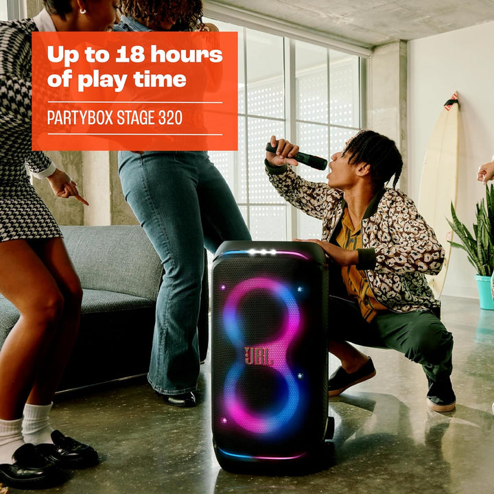 JBL Partybox Stage 320 in Schwarz – Tragbare Bluetooth-Lautsprecher-Box Pro Sound, Lichtshow, KI-Sou