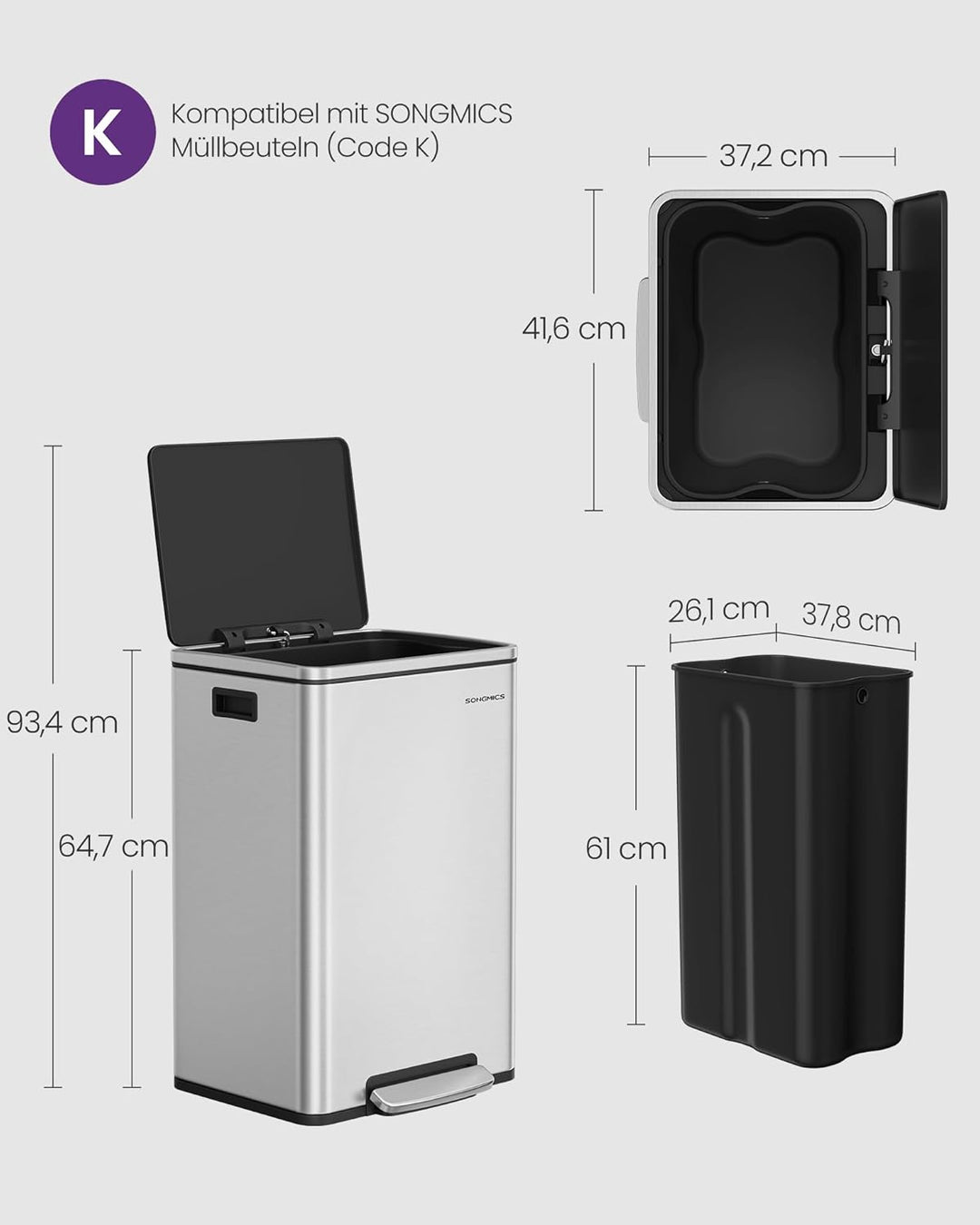 SONGMICS Mülleimer 50 L, 15 Müllsäcke, Edelstahl, herausnehmbarer Inneneimer aus Kunststoff, mit Dec