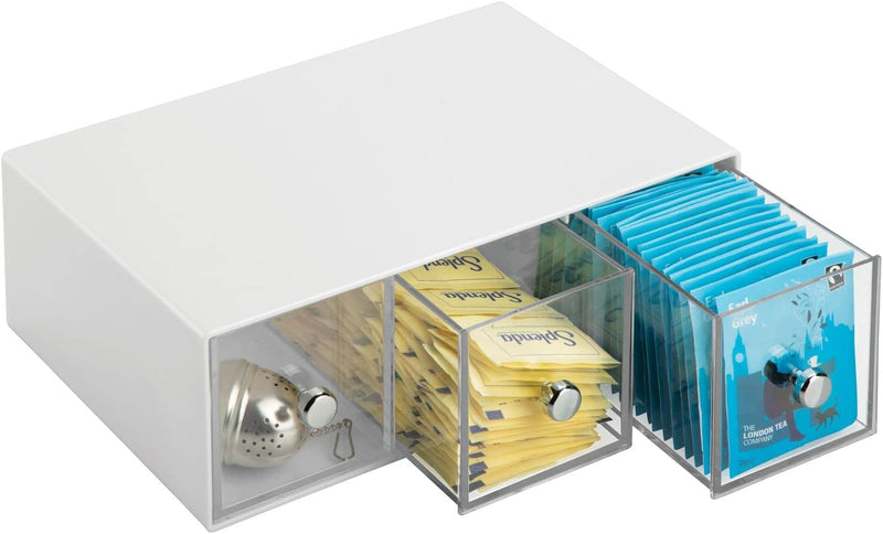 mDesign Küchen Organizer mit 3 Schubladen - Aufbewahrungsbox für Teebeutel, Kaffeepads, Süssungsmitt
