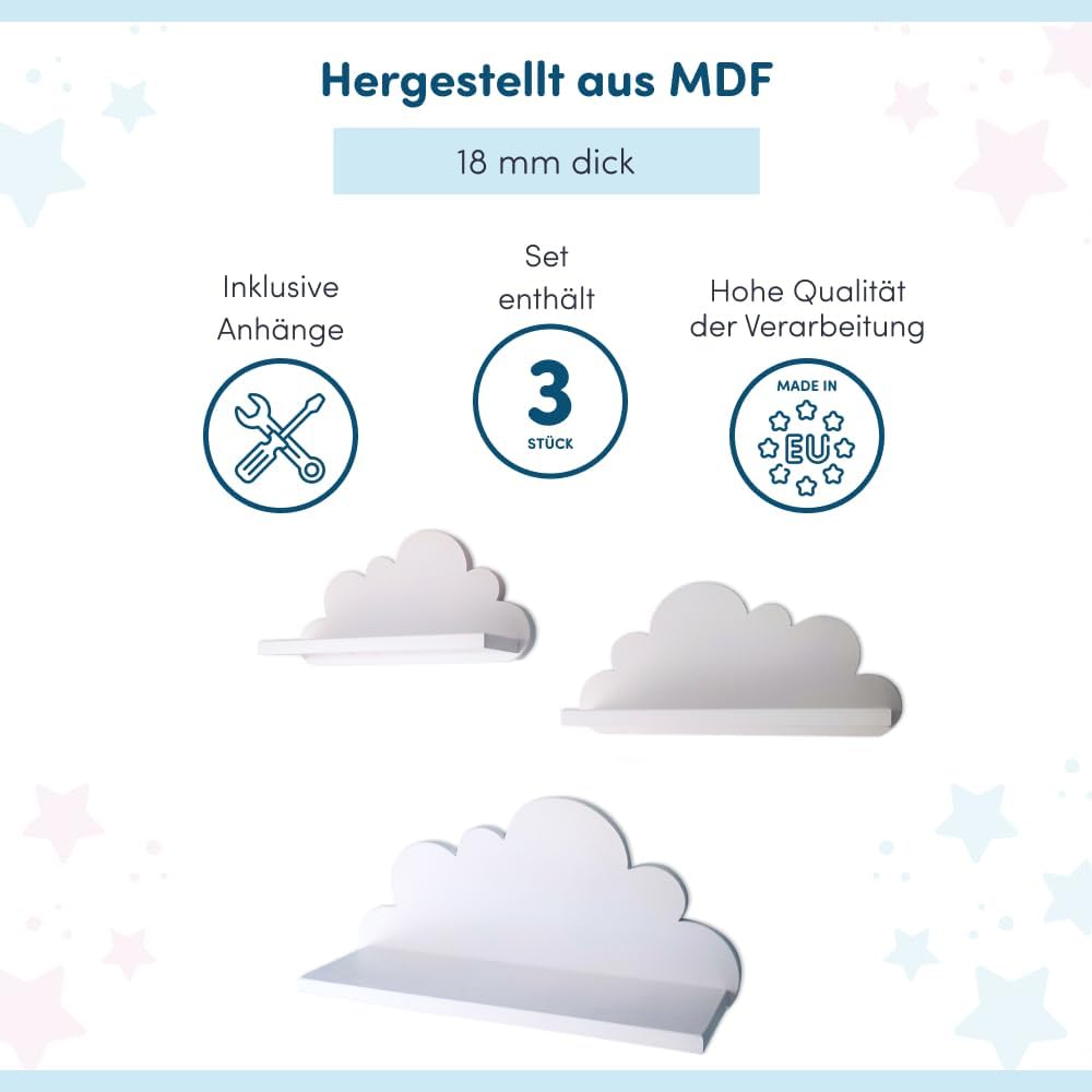3er Set Wandregal Kinderzimmer Weiss | Babyzimmer Wolkenregal für Bücher, Spielzeug, Dekoration | Re