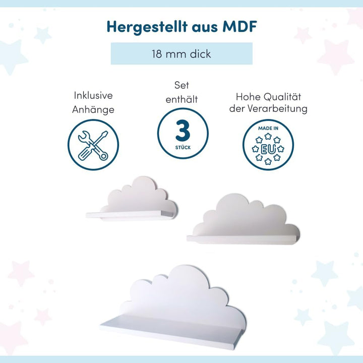 3er Set Wandregal Kinderzimmer Weiss | Babyzimmer Wolkenregal für Bücher, Spielzeug, Dekoration | Re