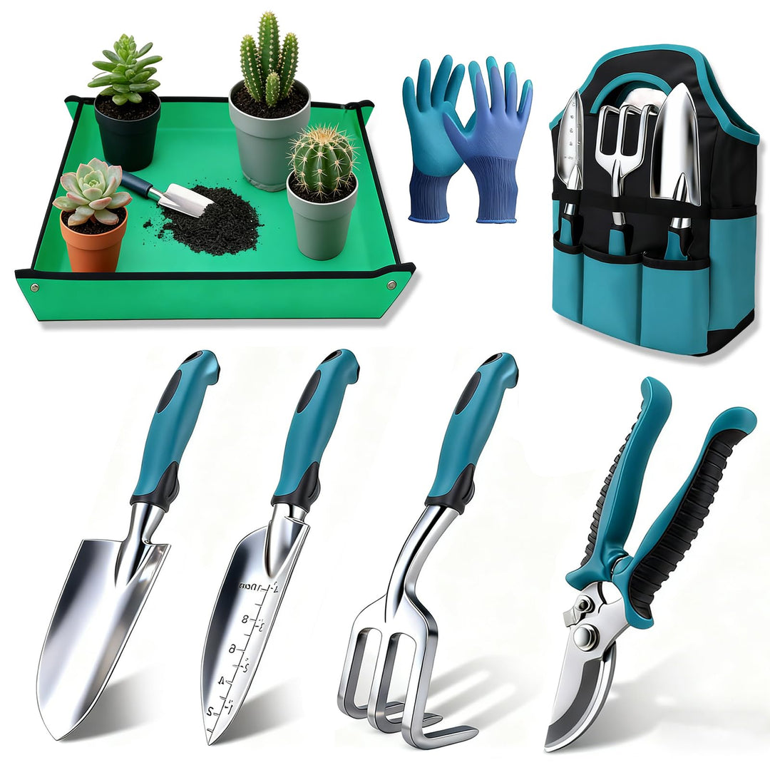 Gartenwerkzeug Set 7-teilig Mit Handschuhen Und Aufbewahrungstasche, Ergonomische rutschfeste Griffe