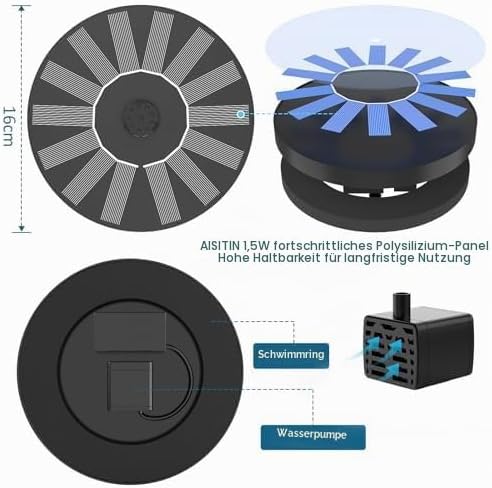 AISITIN 2PCS Solarbrunnen für Draussen mit 6 Düsen und 4 Stützstangen | 1,5W Solar Springbrunnen für