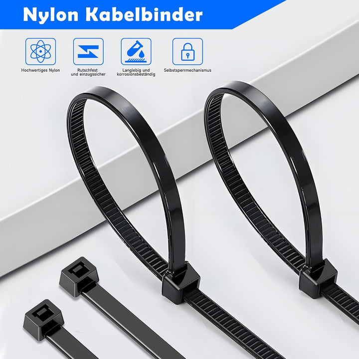 kabelbinder schwarz 300mm x 5mm, 500 Stück kabelbinder wiederverschliessbar, 20 kg Zugfestigkeit, Ny