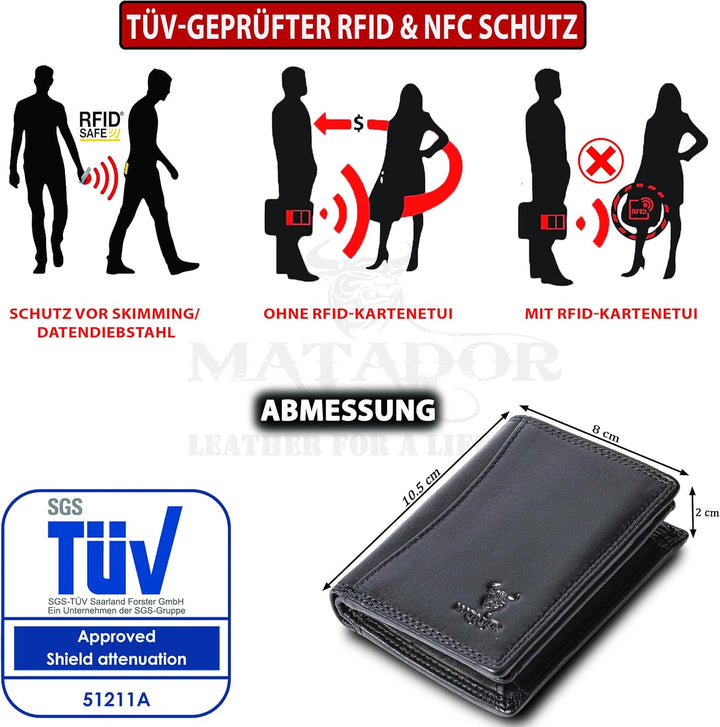 MATADOR Kleines RFID Blocker Portemonnaie Herren Klein Leder | Kleine Geldbörse Herren Slim Wallet m