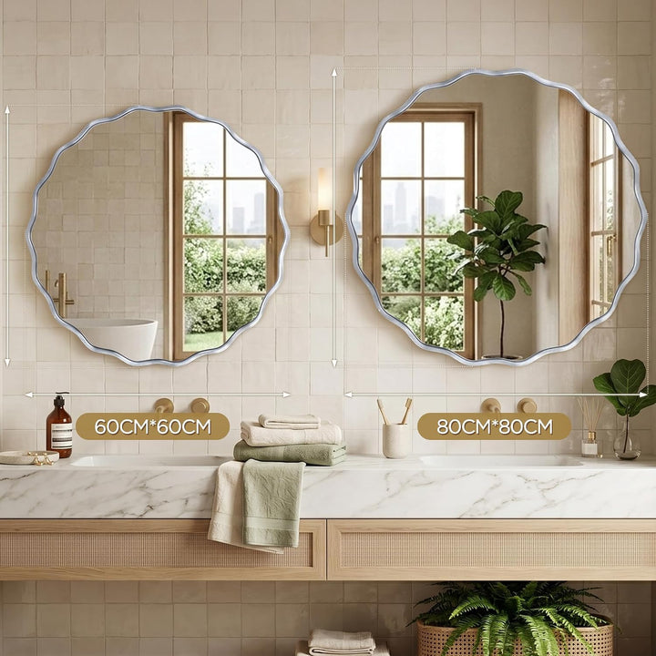 Wavy Runder Wandspiegel mit gebürstetem Aluminiumrahmen &amp; gehärtetem Sicherheitsglas für Badezimmer,