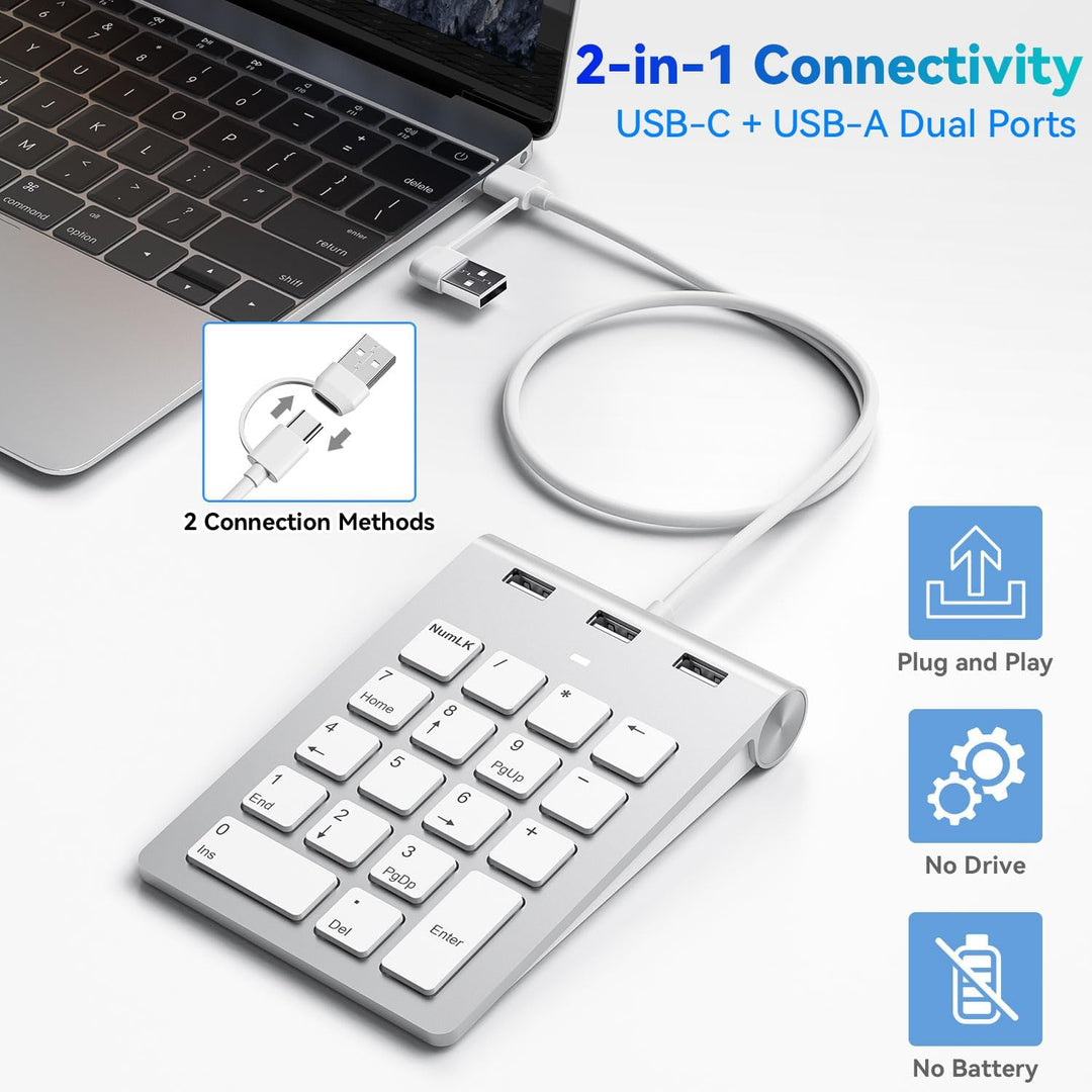 Rytaki Pro USB-C & USB-A Numpad Wired – Nummernblock mit 3 USB 2.0 Hub, 18-Tasten Ziffernblock für L