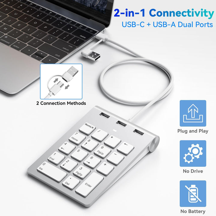 Rytaki Pro USB-C & USB-A Numpad Wired – Nummernblock mit 3 USB 2.0 Hub, 18-Tasten Ziffernblock für L