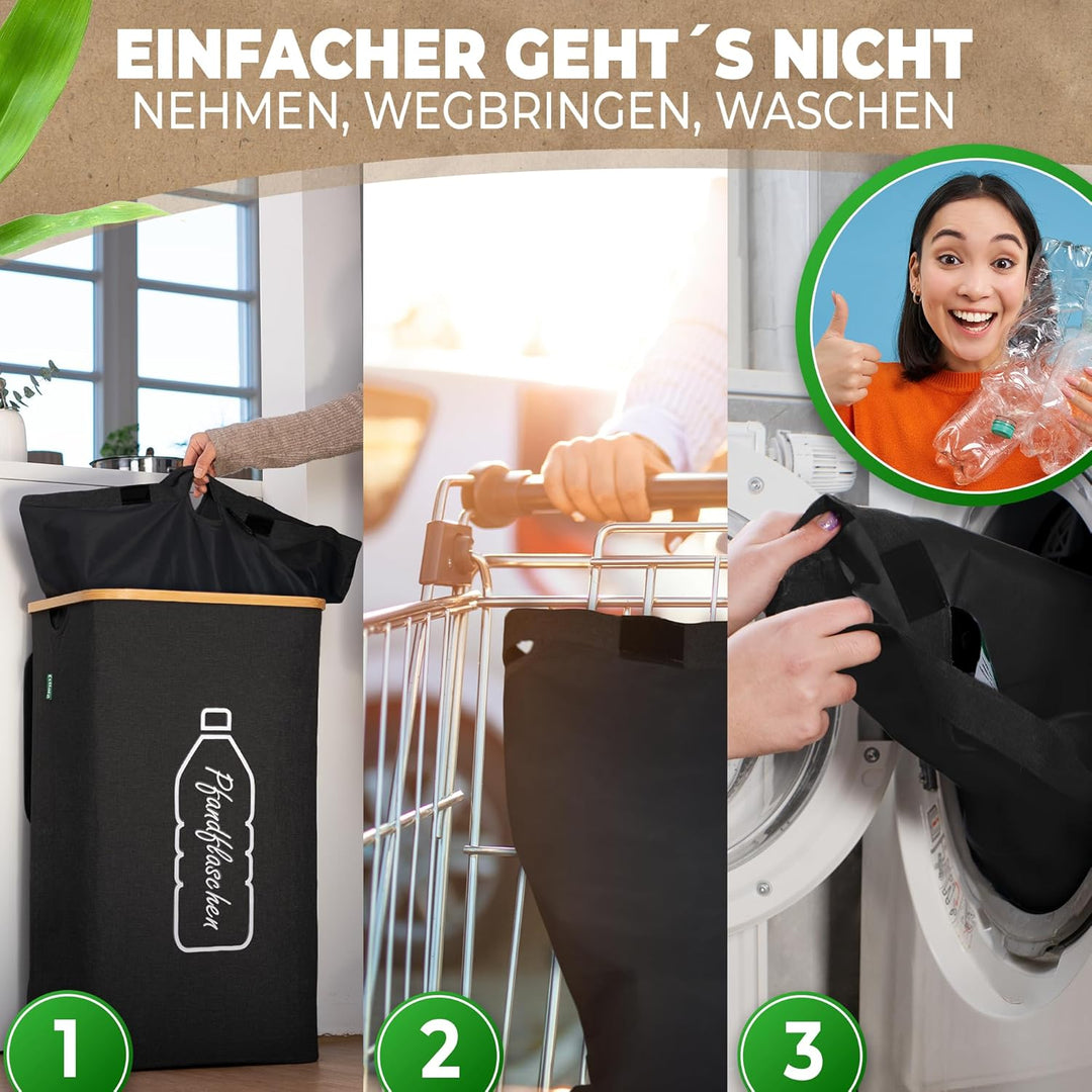 COTTARA® Pfandflaschen Sammelbehälter mit Deckel inkl. XXL Tragetasche | Pfandbehälter mit Loch | Id