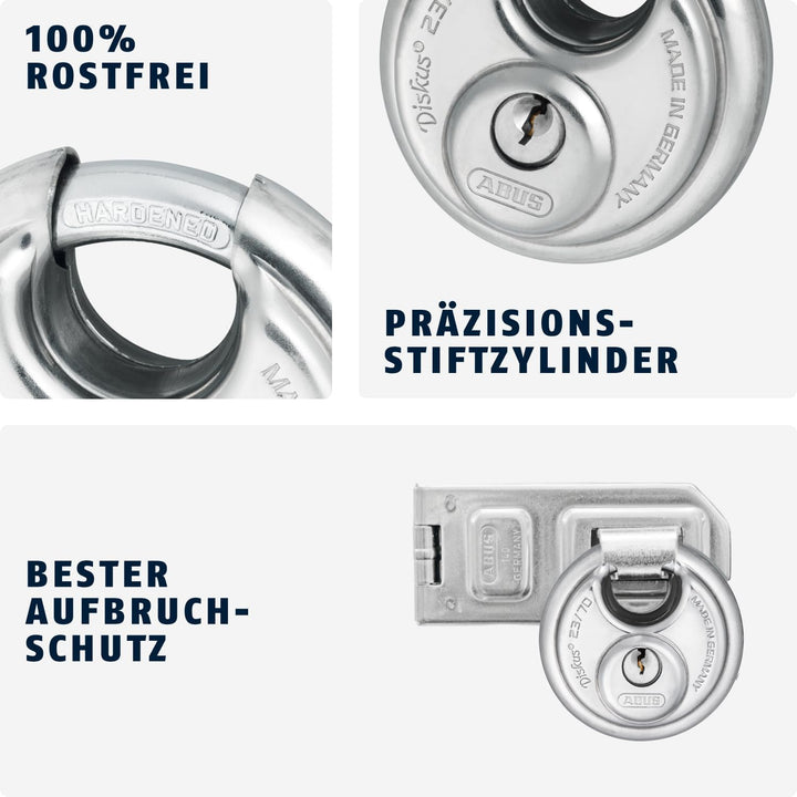 ABUS Diskus Vorhängeschloss 23/70 - wetterfest für den Garten - mit Diskus-Schweisstechnologie für b