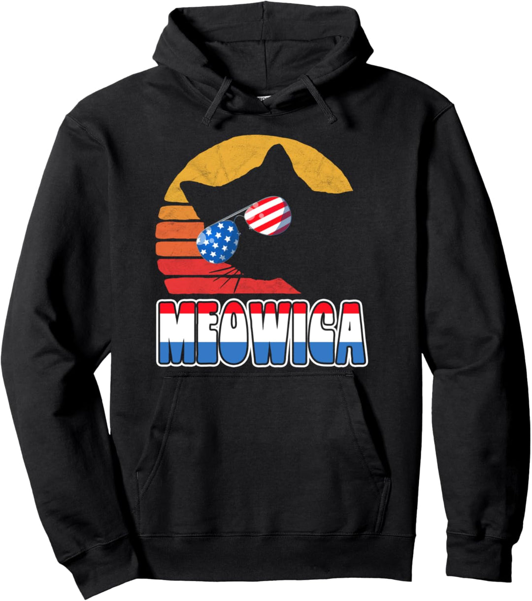 Meowica! Funny USA Cat sunglasses Fourth of July Vintage Pullover Hoodie
