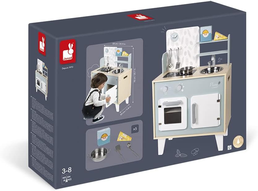 Janod - Küche ‘Plume’ - Kinderküche aus Holz mit Backofen, Edelstahlspüle, Schrank, Induktionskochpl
