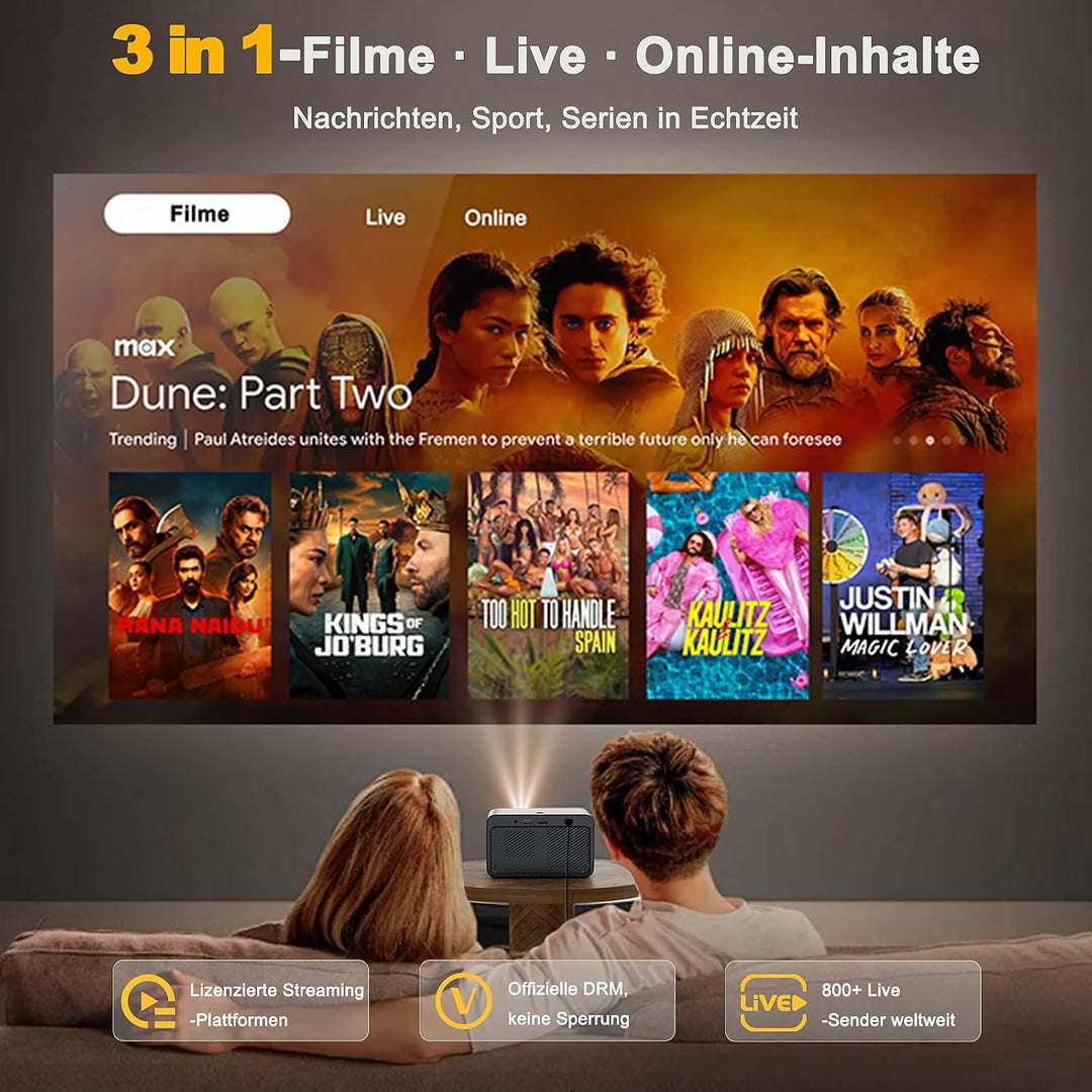 Beamer-4K kompatibel mit Netflix &amp; Dolby Audio, 1080P, Autofokus, HDMI CEC | WiFi 6 &amp; Bluetooth 5.4,