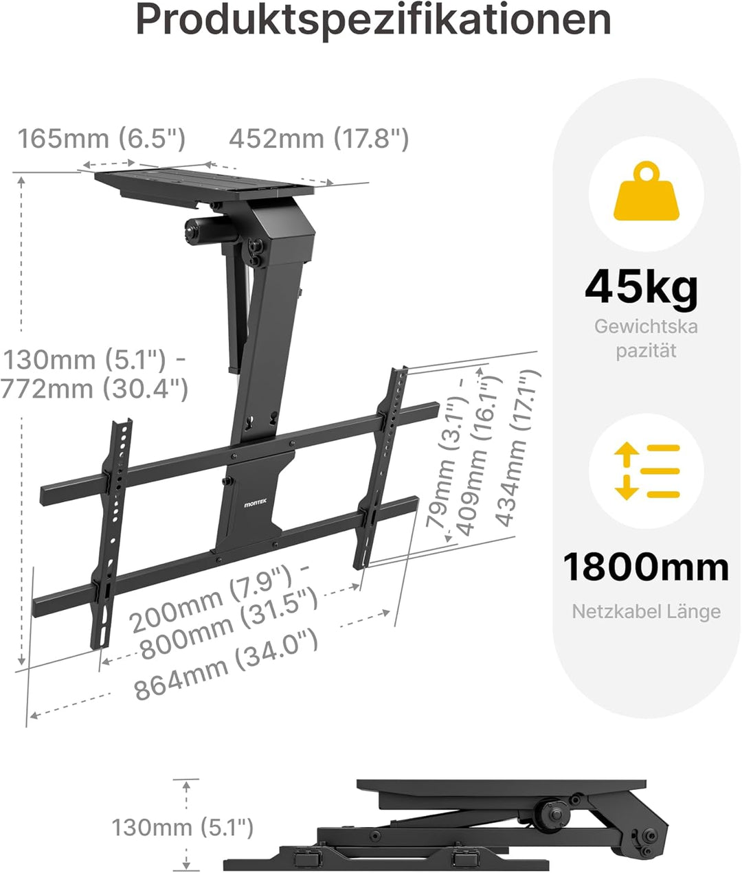 monTEK TV Deckenhalterung Elektrisch für 43-86 Zoll Fernseher, Elektrische TV Halterung Motorisiert