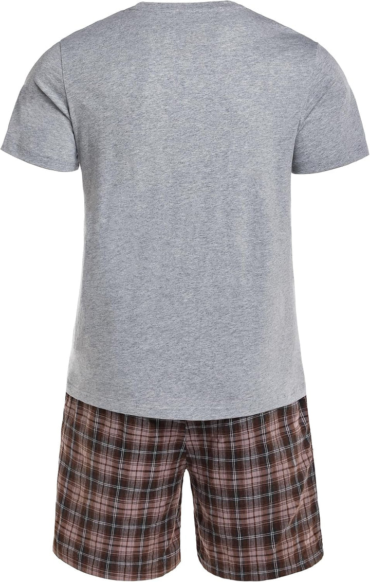 Schlafanzug Herren Kurz Pyjama Set aus Baumwolle Kurzarm Nachtwäsche mit Karierter Hose und Brusttas